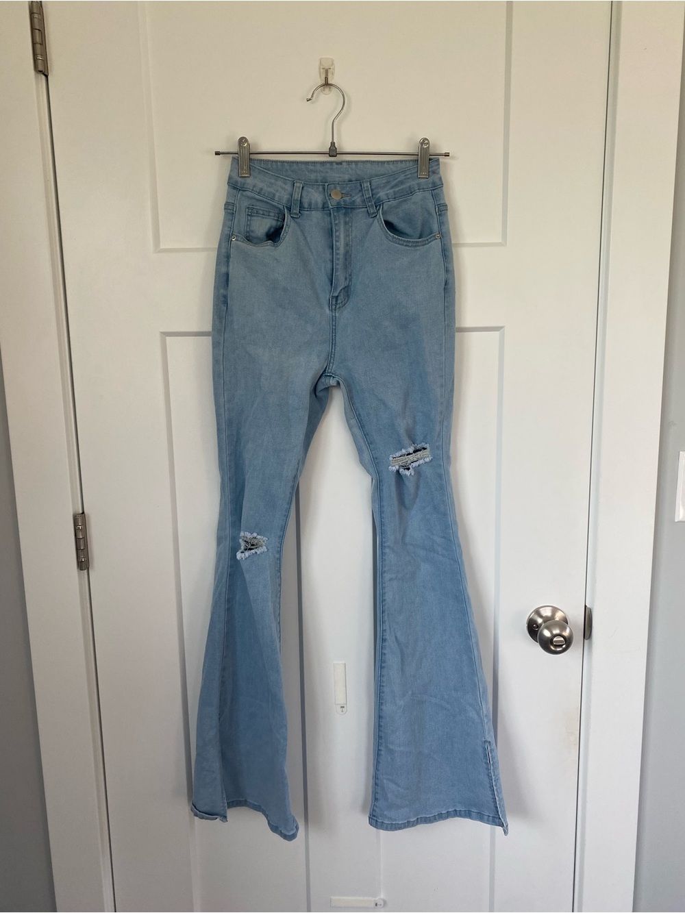 Light Blue High-Waist Flared Jeans with Knee Rips